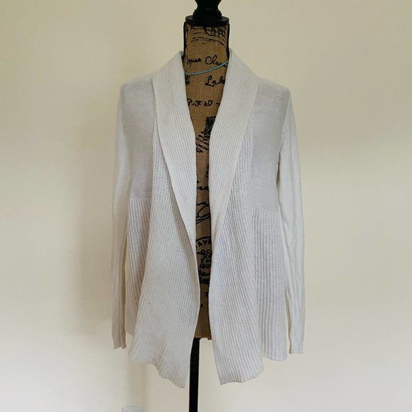 LOFT Rib Trim White Knit Cotton Open Classic Cardigan Sweater - Picture 1 of 7